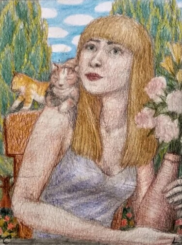 Drawing titled "Woman with Kittens" by Edwin Loftus, Original Artwork, Pencil Mounted on Other rigid panel