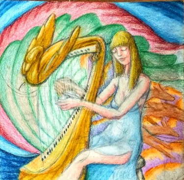 Tekening getiteld "The Harpist" door Edwin Loftus, Origineel Kunstwerk, Pastel Gemonteerd op Andere stijve panelen