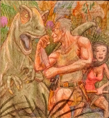 "Dinosaur Fighting" başlıklı Resim Edwin Loftus tarafından, Orijinal sanat, Kalem Diğer sert panel üzerine monte edilmiş