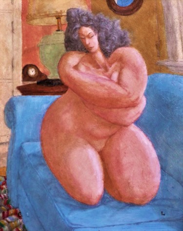 Schilderij getiteld "Nude on a Blue Couch" door Edwin Loftus, Origineel Kunstwerk, Olie