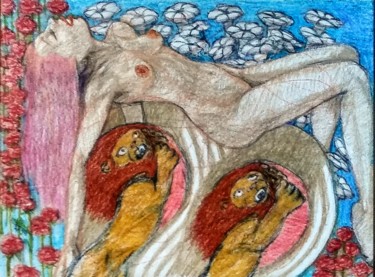 Disegno intitolato "Flowers over Lions" da Edwin Loftus, Opera d'arte originale, Matita Montato su Altro pannello rigido