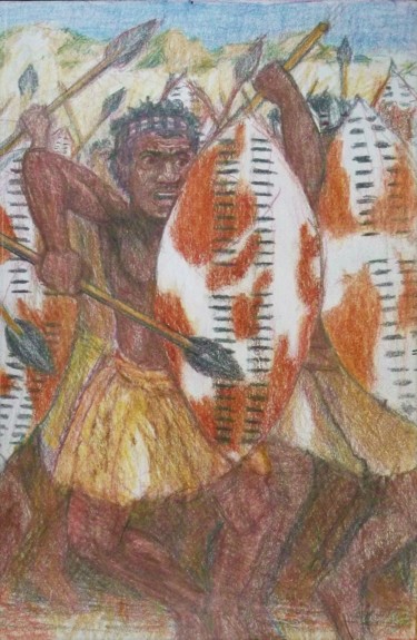 Tekening getiteld "The Zulu Impe" door Edwin Loftus, Origineel Kunstwerk, Potlood Gemonteerd op Andere stijve panelen