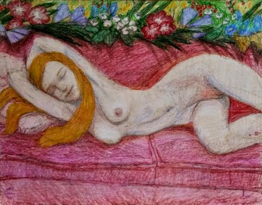 Drawing titled "Nude on a red couch" by Edwin Loftus, Original Artwork, Pencil Mounted on Other rigid panel