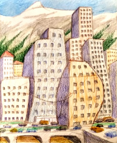 Dessin intitulée "The City Rises" par Edwin Loftus, Œuvre d'art originale, Crayon Monté sur Autre panneau rigide
