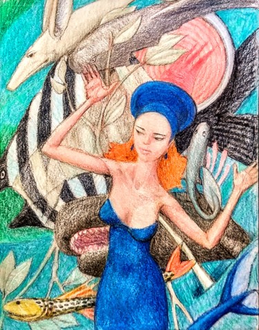 Zeichnungen mit dem Titel "Mermaid in Blue" von Edwin Loftus, Original-Kunstwerk, Bleistift Auf Andere starre Platte montiert