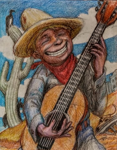 Drawing titled "The Singing Cowboy" by Edwin Loftus, Original Artwork, Wax Mounted on Other rigid panel