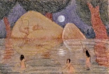 Tekening getiteld "Moonlight Bathers,…" door Edwin Loftus, Origineel Kunstwerk, Potlood Gemonteerd op Andere stijve panelen