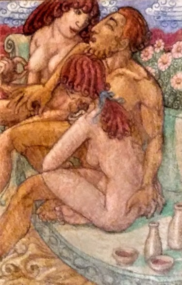 Dessin intitulée "Threesome in an Anc…" par Edwin Loftus, Œuvre d'art originale, Crayon Monté sur Autre panneau rigide