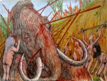 「The Mammoth Hunt」というタイトルの描画 Edwin Loftusによって, オリジナルのアートワーク, 鉛筆 その他の剛性パネルにマウント