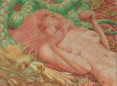 Dessin intitulée "Dragon and a Girl" par Edwin Loftus, Œuvre d'art originale, Pastel Monté sur Autre panneau rigide