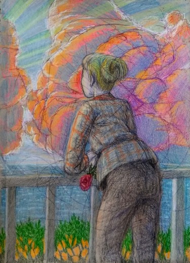 Dessin intitulée "Sunset over the Pac…" par Edwin Loftus, Œuvre d'art originale, Crayon Monté sur Autre panneau rigide