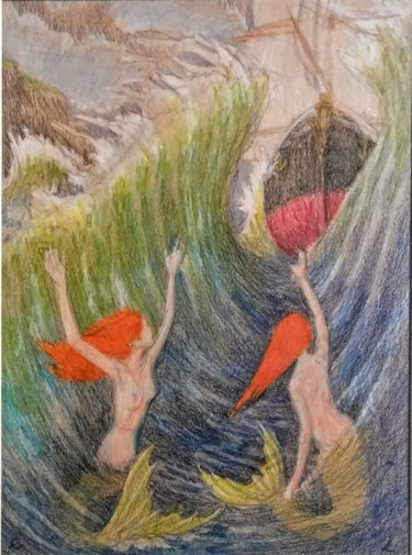 Drawing titled "Mermaids" by Edwin Loftus, Original Artwork, Pencil Mounted on Other rigid panel