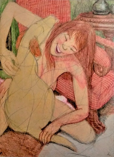 Disegno intitolato "Nude playing with a…" da Edwin Loftus, Opera d'arte originale, Matita Montato su Altro pannello rigido