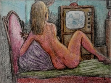 Dibujo titulada "Nude watching telev…" por Edwin Loftus, Obra de arte original, Lápiz Montado en Otro panel rígido
