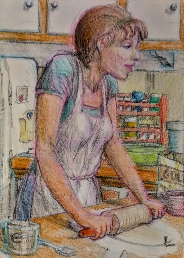 Drawing titled "Woman making Bread" by Edwin Loftus, Original Artwork, Wax Mounted on Other rigid panel