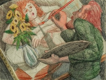 제목이 "The Artist at Work"인 그림 Edwin Loftus로, 원작, 연필 기타 단단한 패널에 장착됨