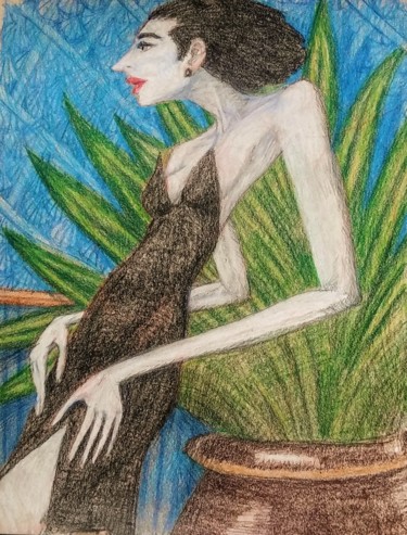 Dessin intitulée "Madam X with potted…" par Edwin Loftus, Œuvre d'art originale, Crayon Monté sur Autre panneau rigide