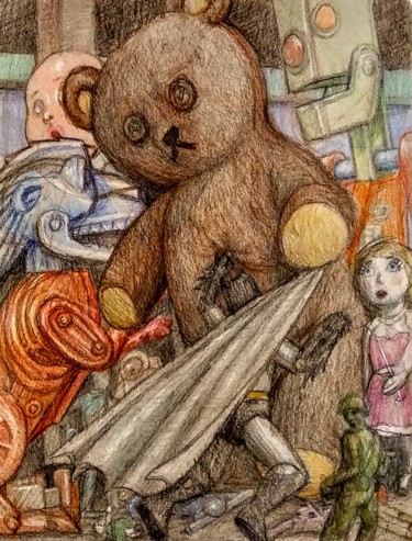 Disegno intitolato "Old Toys and New ba…" da Edwin Loftus, Opera d'arte originale, Matita Montato su Altro pannello rigido