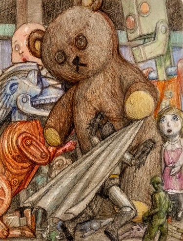 Old Toys and New battle for Attention Zeichnungen mit dem Titel "Old Toys and New ba…" von Edwin Loftus, Original-Kunstwerk, Bleistift Auf Andere starre Platte mo…