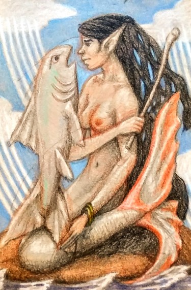 Dessin intitulée "The Mermaid gets ur…" par Edwin Loftus, Œuvre d'art originale, Crayon Monté sur Autre panneau rigide