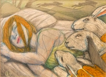 Tekening getiteld "Bunny Angels guard…" door Edwin Loftus, Origineel Kunstwerk, Potlood Gemonteerd op Andere stijve panelen