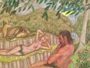 「Adam and Eve, after…」というタイトルの描画 Edwin Loftusによって, オリジナルのアートワーク, 鉛筆 その他の剛性パネルにマウント