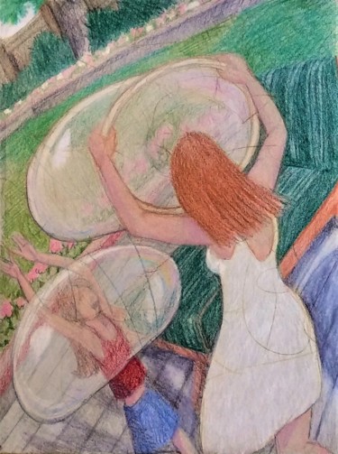 Drawing titled "Girls with Bubbles" by Edwin Loftus, Original Artwork, Pencil Mounted on Other rigid panel