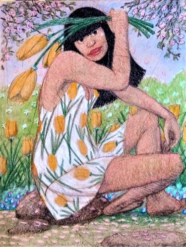 Woman with Yellow Tulips Dessin intitulée "Woman with Yellow T…" par Edwin Loftus, Œuvre d'art originale, Crayon Monté sur Autre panneau rigide