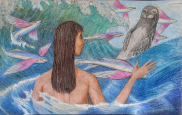 Zeichnungen mit dem Titel "Woman in the Sea wi…" von Edwin Loftus, Original-Kunstwerk, Bleistift Auf Andere starre Platte mo…