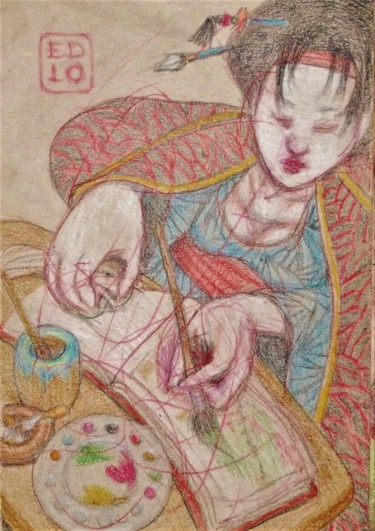 Dessin intitulée "The Artist at Work 3" par Edwin Loftus, Œuvre d'art originale, Crayon Monté sur Autre panneau rigide