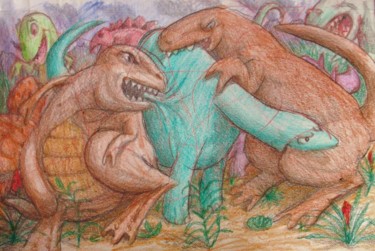 Rysunek zatytułowany „Battling Dinosaurs” autorstwa Edwin Loftus, Oryginalna praca, Ołówek Zamontowany na Inny sztywny panel