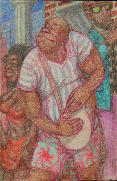 Dessin intitulée "Street Music 1" par Edwin Loftus, Œuvre d'art originale, Crayon Monté sur Autre panneau rigide