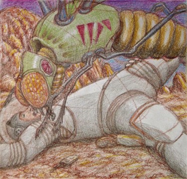 제목이 "Alien Encounters 1"인 그림 Edwin Loftus로, 원작, 연필 기타 단단한 패널에 장착됨