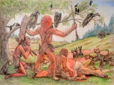 Dessin intitulée "Neanderthal Hunters" par Edwin Loftus, Œuvre d'art originale, Pastel Monté sur Autre panneau rigide
