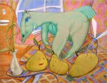 Tekening getiteld "The Celadon Horse" door Edwin Loftus, Origineel Kunstwerk, Pastel Gemonteerd op Andere stijve panelen