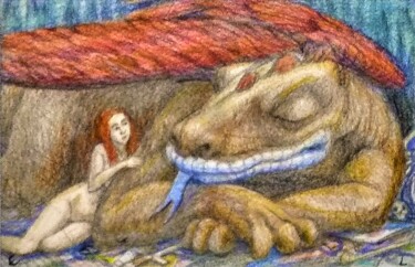 Рисунок под названием "Dragon and a Girl 2" - Edwin Loftus, Подлинное произведение искусства, Карандаш Установлен на Другая…