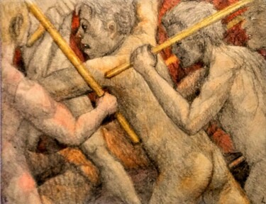 Dibujo titulada "Battling Men" por Edwin Loftus, Obra de arte original, Lápiz Montado en Otro panel rígido