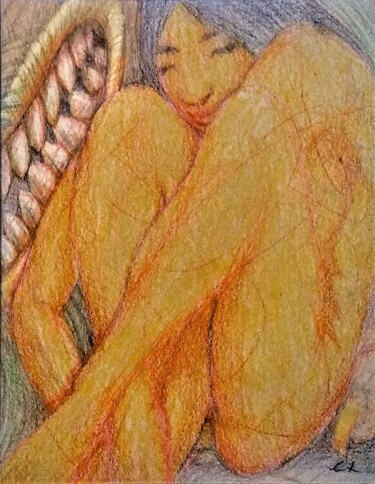 Dessin intitulée "Dragon and a Girl 3" par Edwin Loftus, Œuvre d'art originale, Crayon Monté sur Autre panneau rigide