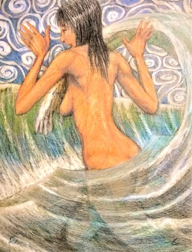 Drawing titled "Woman in the Waves 2" by Edwin Loftus, Original Artwork, Pencil Mounted on Other rigid panel