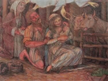 Drawing titled "The Birth of Jesus" by Edwin Loftus, Original Artwork, Pencil Mounted on Other rigid panel