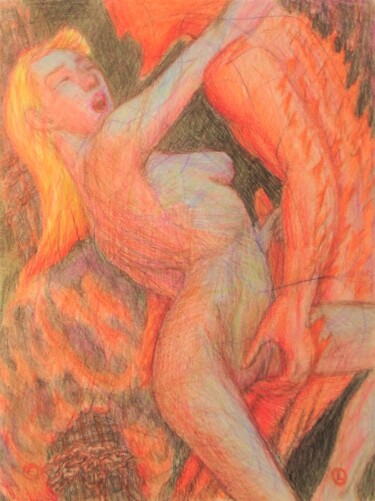 「Joan and the Fire」というタイトルの描画 Edwin Loftusによって, オリジナルのアートワーク, 鉛筆 その他の剛性パネルにマウント