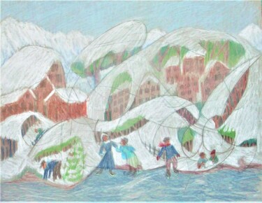 Tekening getiteld "Winter by the Lake" door Edwin Loftus, Origineel Kunstwerk, Potlood Gemonteerd op Andere stijve panelen