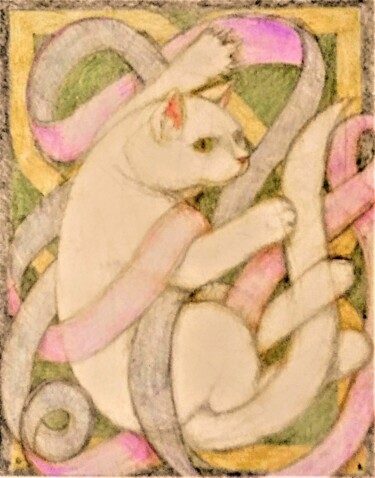 Tekening getiteld "Cat with Ribbon" door Edwin Loftus, Origineel Kunstwerk, Potlood Gemonteerd op Andere stijve panelen