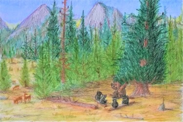 Desenho intitulada "The Bears Campout" por Edwin Loftus, Obras de arte originais, Lápis Montado em Outro painel rígido