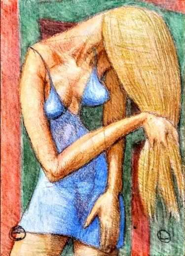 「Combing Her Hair」というタイトルの描画 Edwin Loftusによって, オリジナルのアートワーク, パステル その他の剛性パネルにマウント