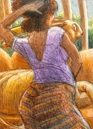 Dessin intitulée "Woman with her pet…" par Edwin Loftus, Œuvre d'art originale, Crayon Monté sur Autre panneau rigide