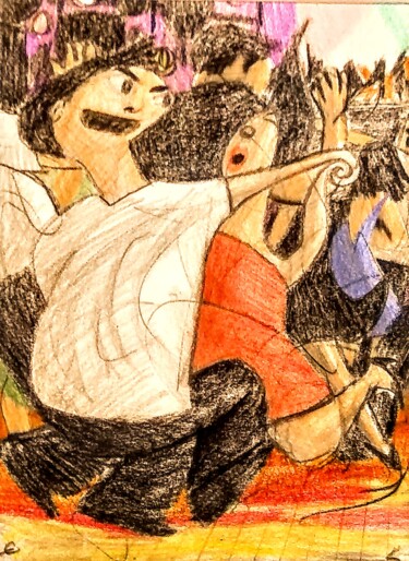 Dessin intitulée "Dancing to the Rhyt…" par Edwin Loftus, Œuvre d'art originale, Crayon Monté sur Autre panneau rigide