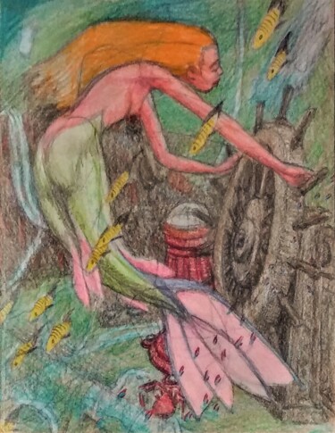 Tekening getiteld "The Mermaid plays i…" door Edwin Loftus, Origineel Kunstwerk, Potlood Gemonteerd op Andere stijve panelen