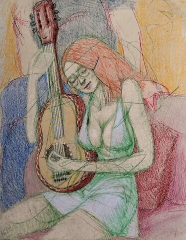 Drawing titled "Karen plays Guitar" by Edwin Loftus, Original Artwork, Pencil Mounted on Other rigid panel