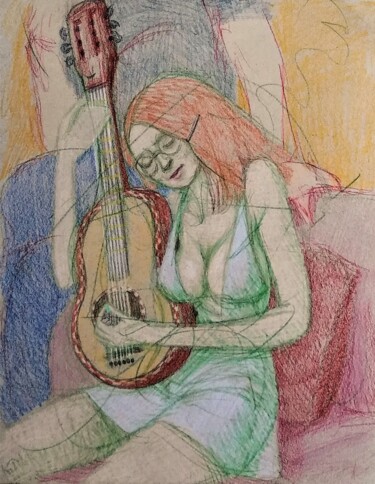 Karen plays Guitar Dessin intitulée "Karen plays Guitar" par Edwin Loftus, Œuvre d'art originale, Crayon Monté sur Autre panneau rigide